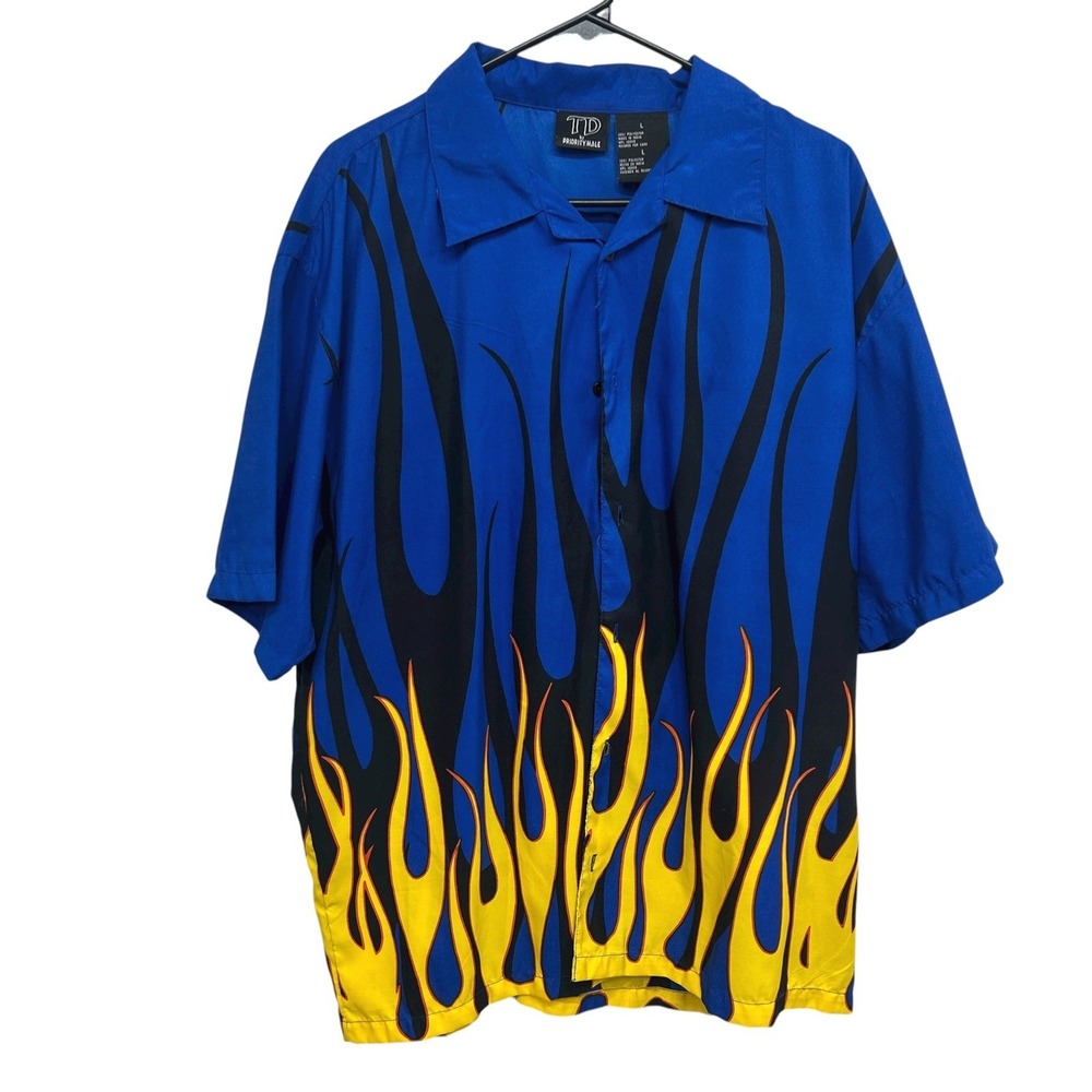 Flame Print Button Down Shirt Mens L Y2K‎ Biker Hot Rod Indie Streetwear Retro